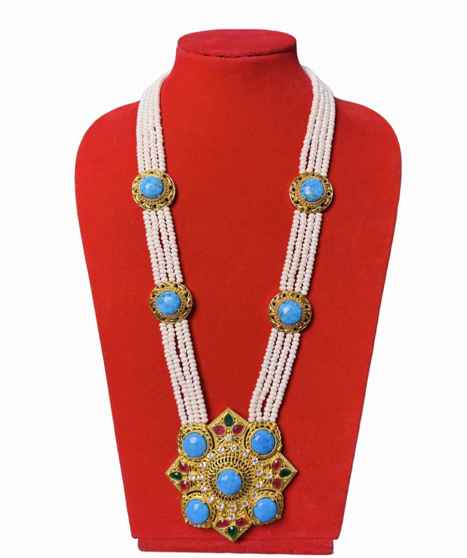 Gold Tibetan Khau Necklace Set with Pearls, Turquoise, Coral, Jade & CZ Stones