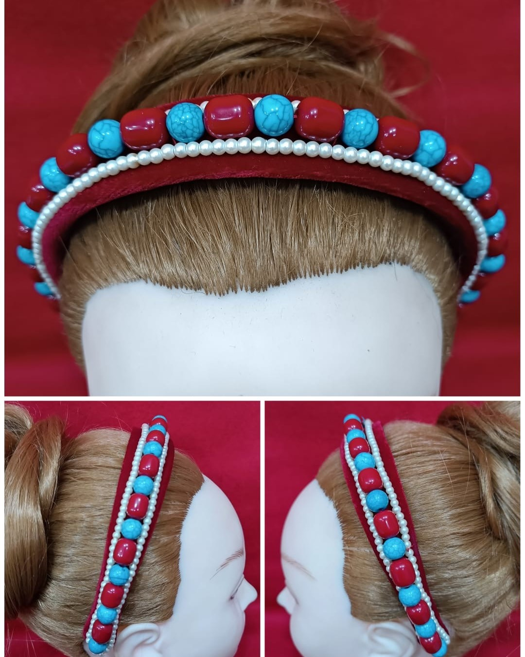 Tibetan/Nepali Traditional Hairband  with Coral, Turquoise & Pearl Beads