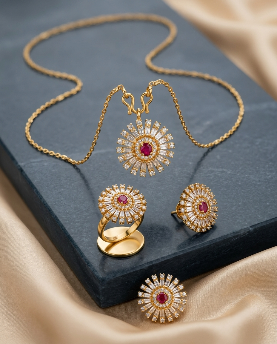 Gold-Plated American Diamond and Ruby Sun-Shaped Pendant Set