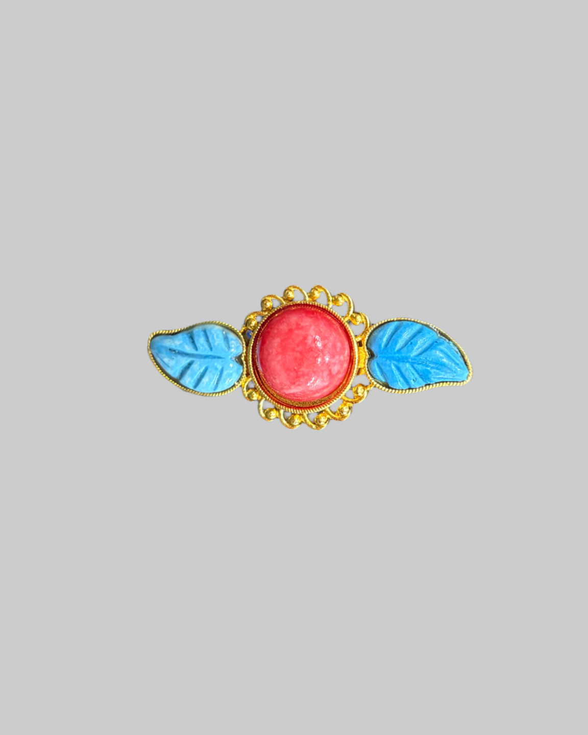 Vintage-Style Gold-Toned Brooch with Turquoise and Coral-Colored Stones