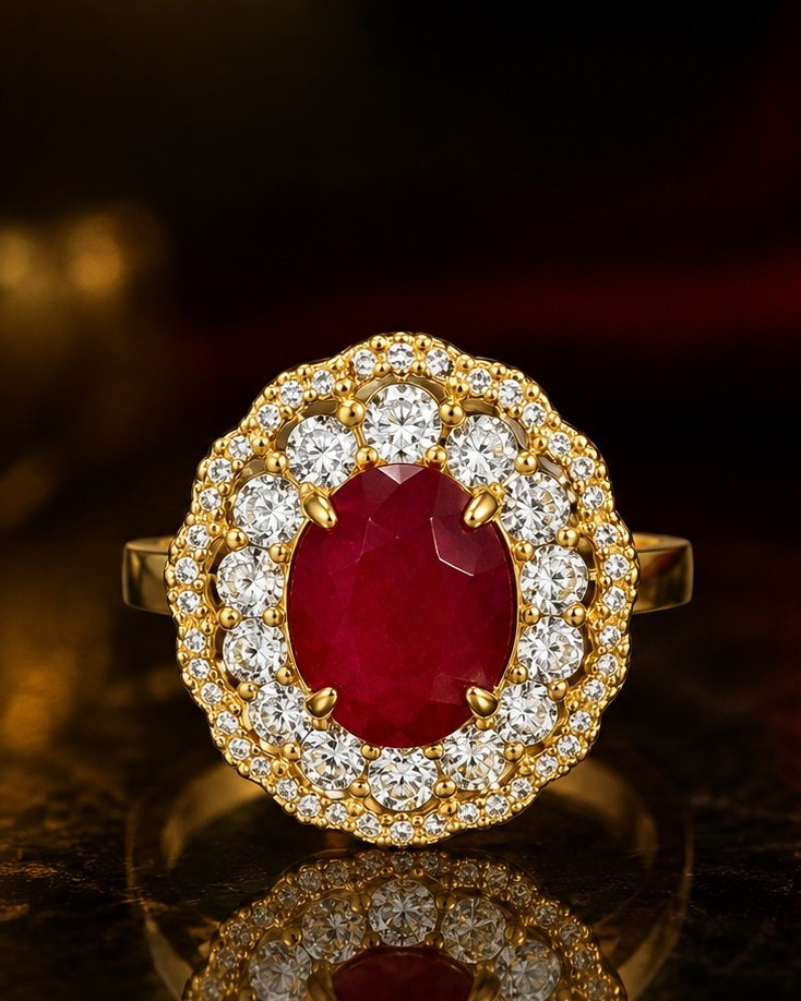 Red Ruby and Diamond Halo Ring in Gold-Plated Finish | Elegant Vintage-Inspired Design