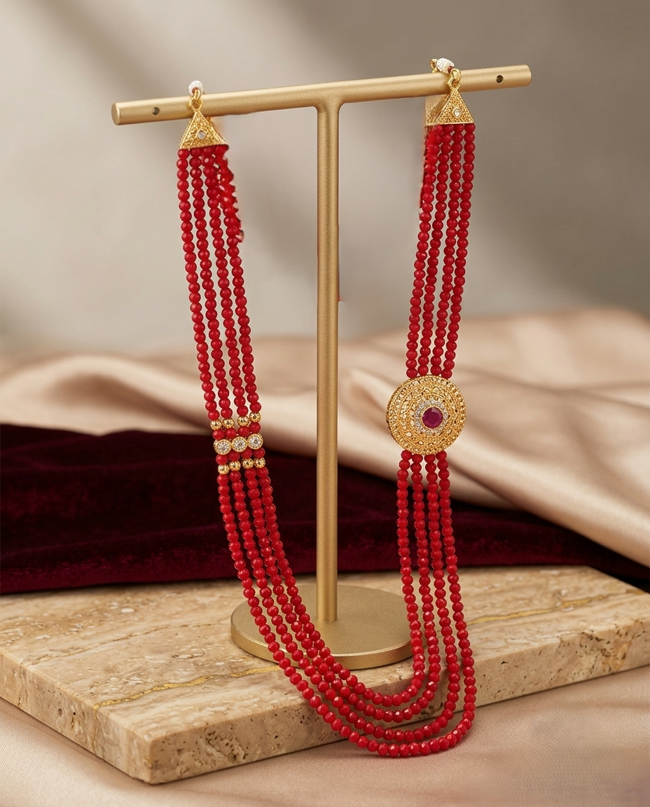 Gold-Plated Chandra Haar with Five Layers of Red Crystal Beads & Red Stone Locket