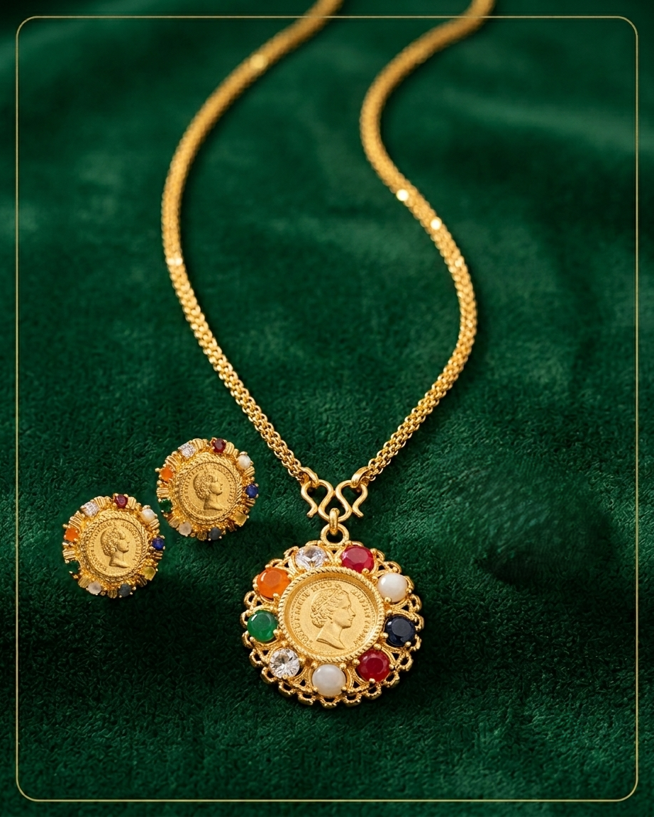 Gold-Plated Navratna Chain and Locket Set