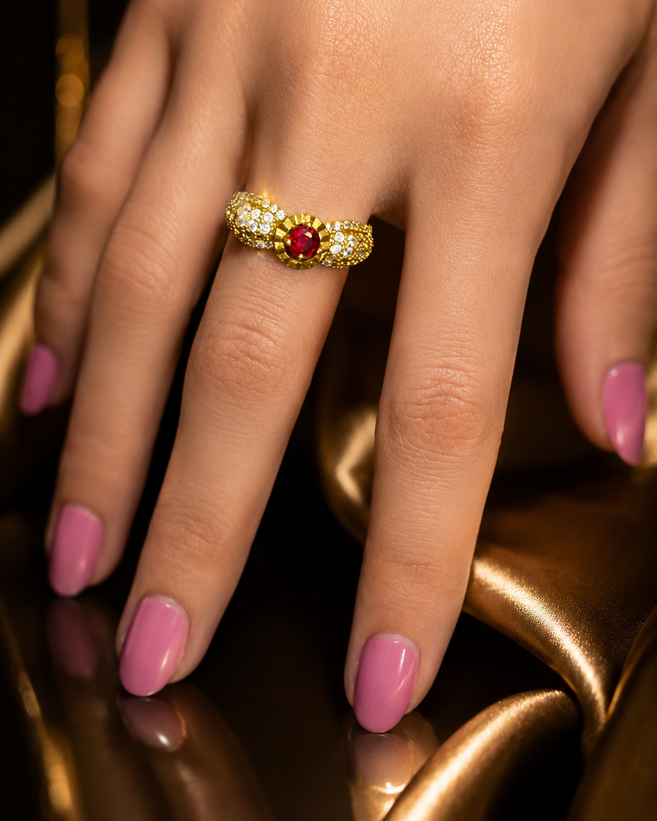 Vintage-Style Gold Ring with Ruby Center Stone & Diamond Halo