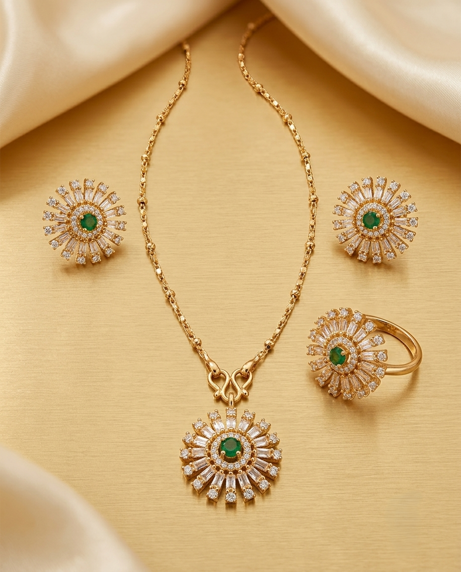 Gold Sunflower Jewelry Set with Emerald Center Stone and Baguette-Cut White Stones