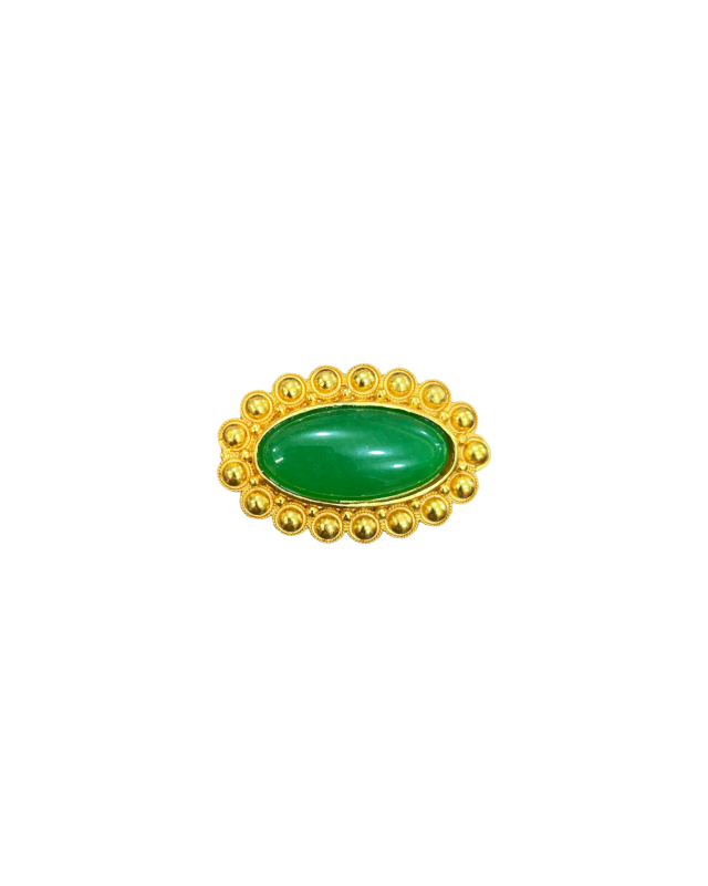 Pair of 24K Gold-Filled Green Jade Cabochon Rounded Stud Brooches – Vintage-Style Statement Pins