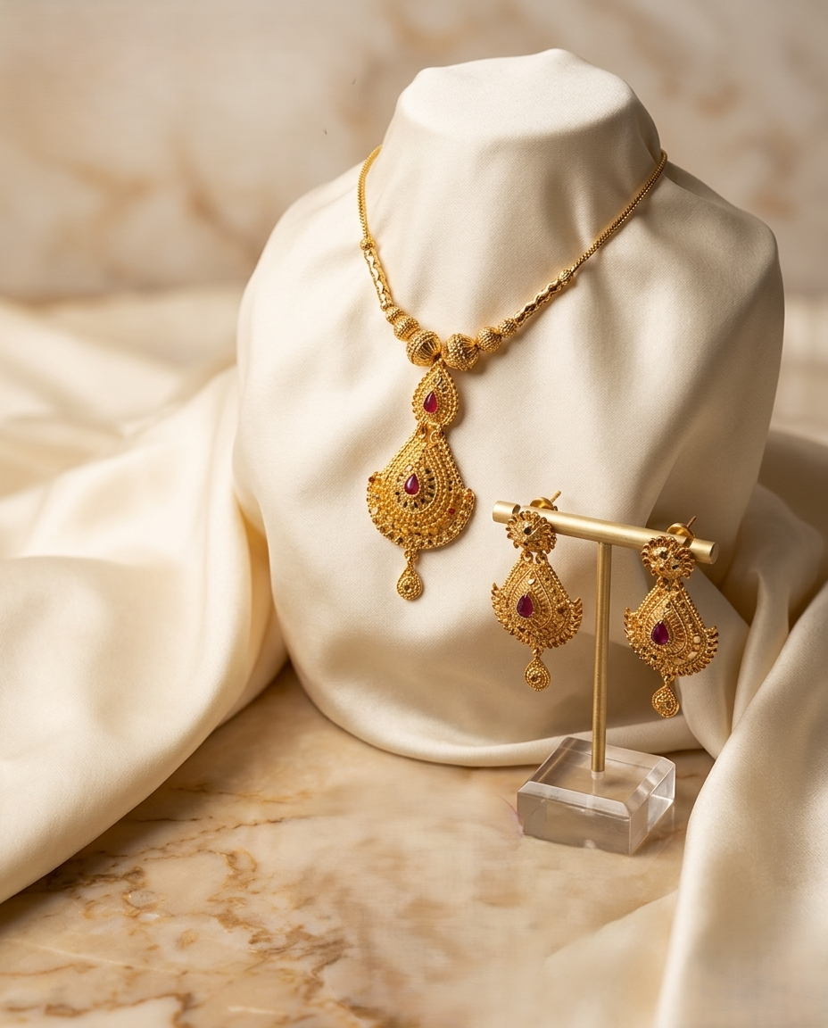 Tanishq Royal Crest Gold Necklace with Intricate Filigree Work and Central Ruby Stone