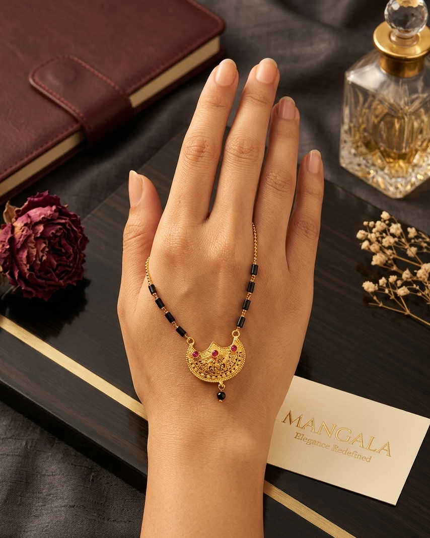 Gold-Plated Mangalsutra with Crescent-Shaped Red Stone Pendant & Black Beads for Women