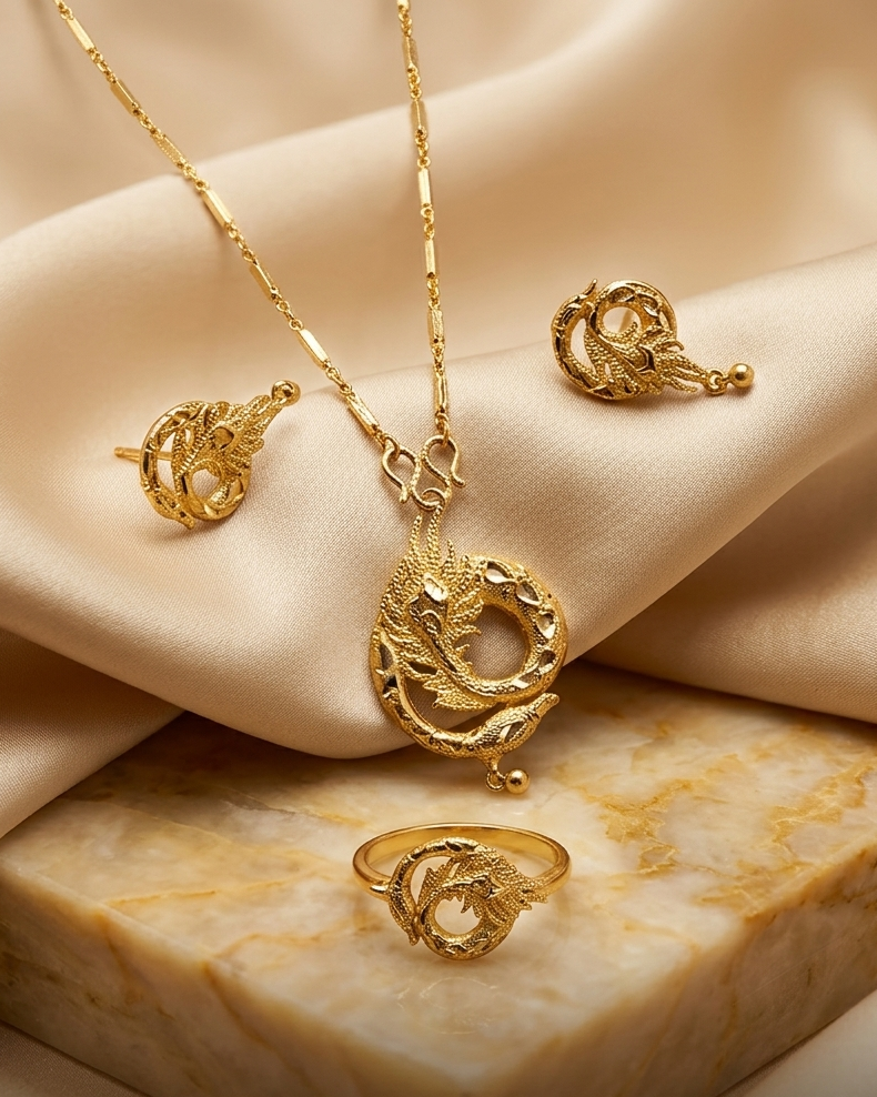 Celestial Dragon Collection Gold-Plated Necklace and Earrings Set | Ornate Statement Jewelry