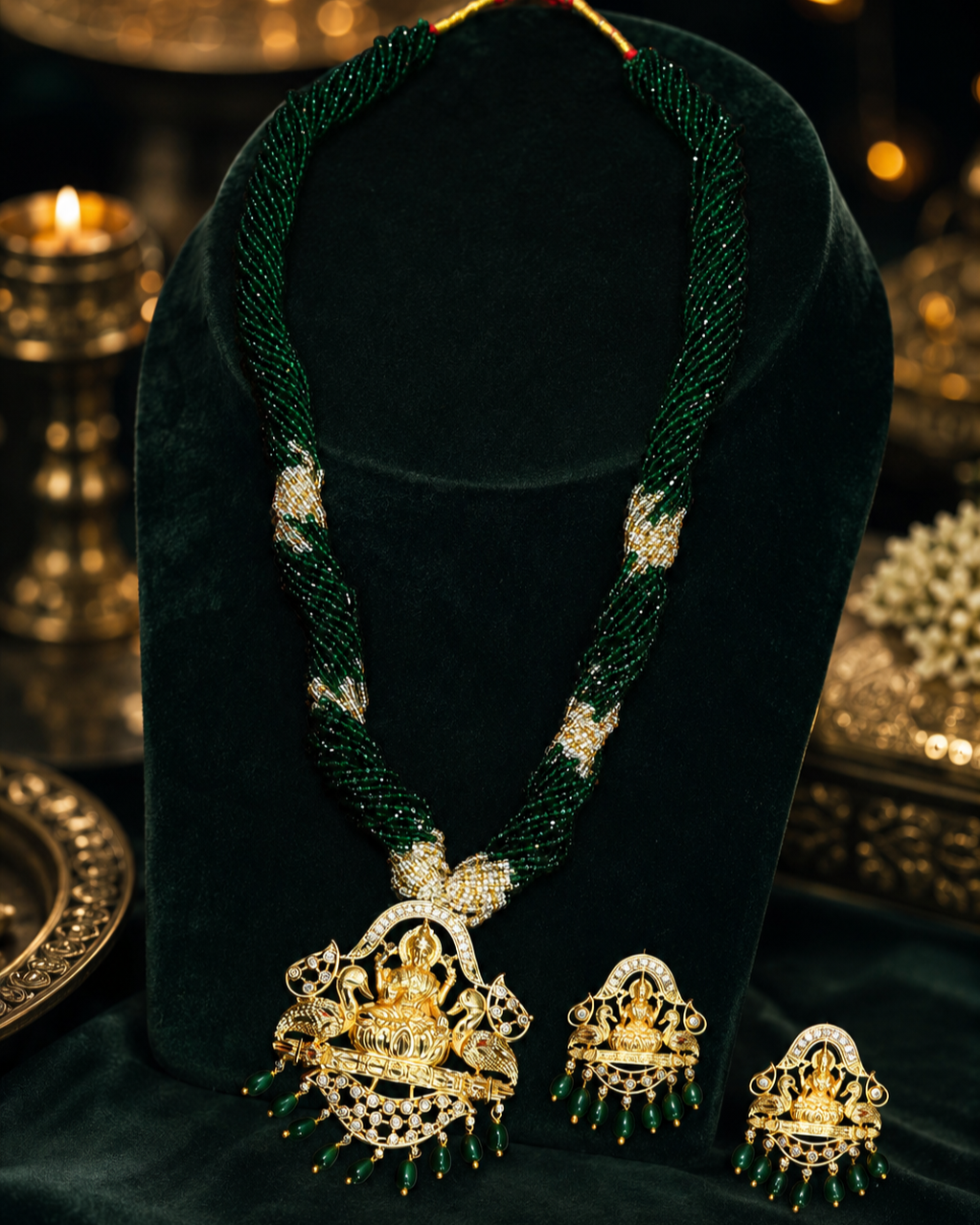 Laxmi Temple Necklace Set with Green Bead Strand, Gold & White Stone Accents
