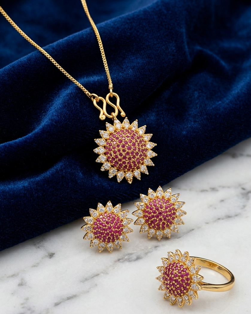 Gold-Plated Ruby Red Crystal Pendant Set with Cubic Zirconia Accents