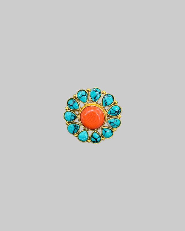 Native American Navajo Cluster Brooch with Coral or Spiny Oyster & Turquoise