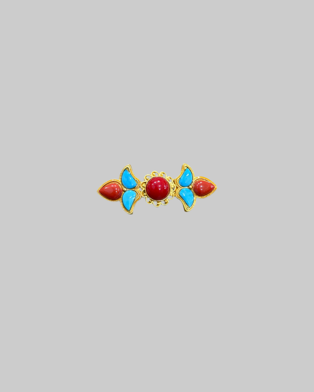 Traditional Tibetan-Style Brooch with Red Coral & Turquoise Stones in Gold-Tone Metal