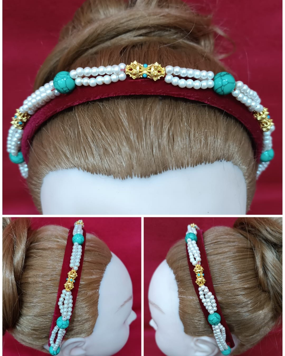 Handmade Tibetan-Style Velvet Headband with Pearls & Turquoise Beads