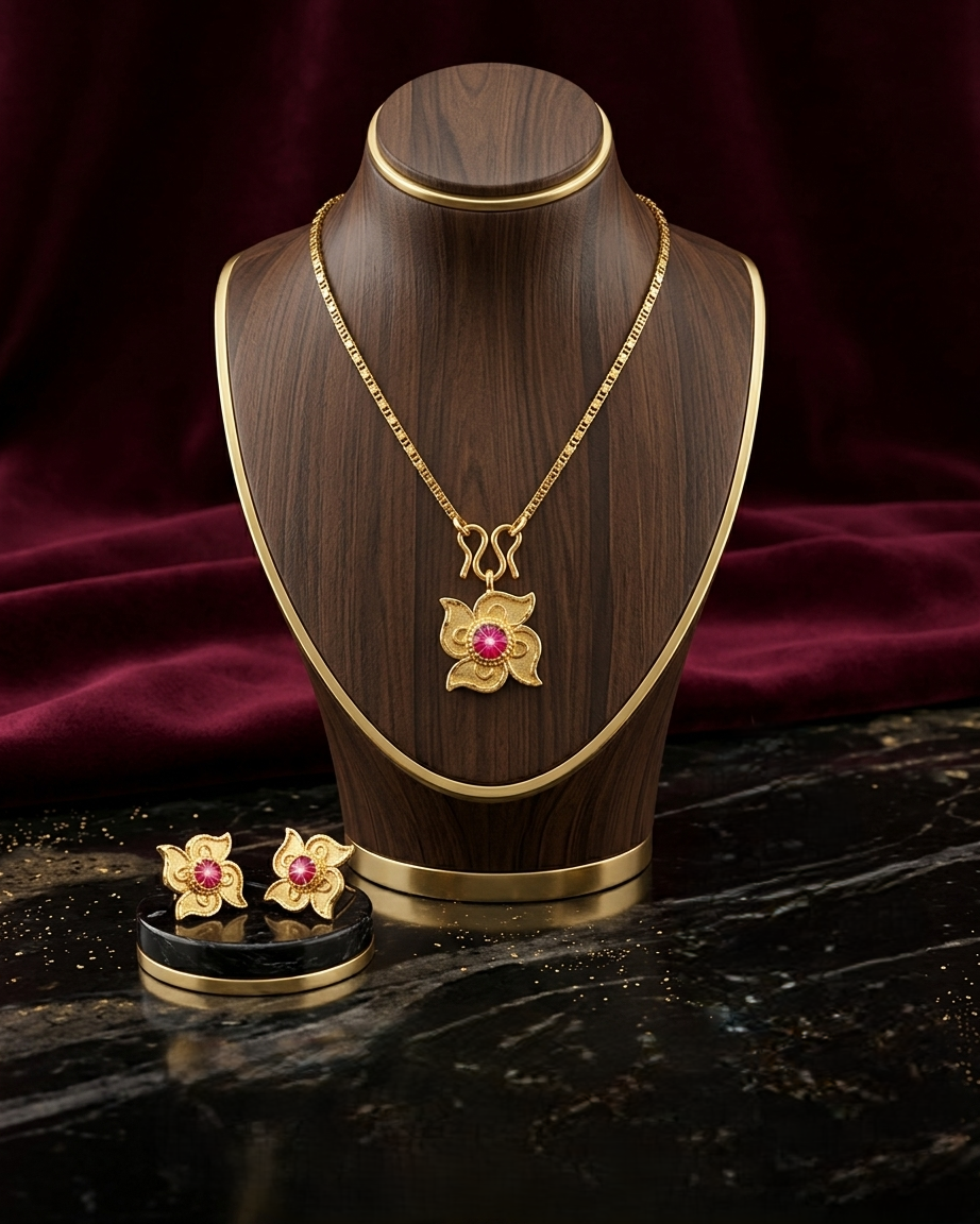 Gold-Plated Lotus Pendant Necklace with Ruby Pink Centerpiece