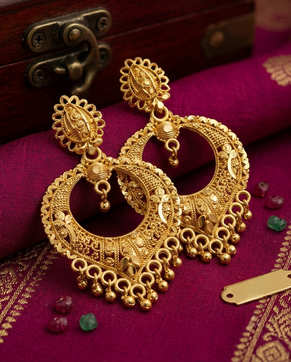 Gold-Plated Ramleela Drop Earrings with Intricate Carved Details & Hanging Beads