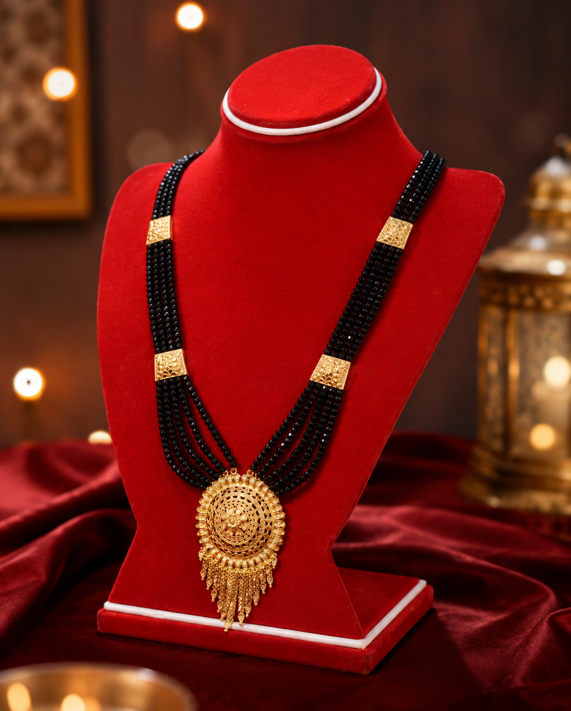 Gold-Plated Nepali Mangalsutra with Black Crystal Beads & Fringe Pendant