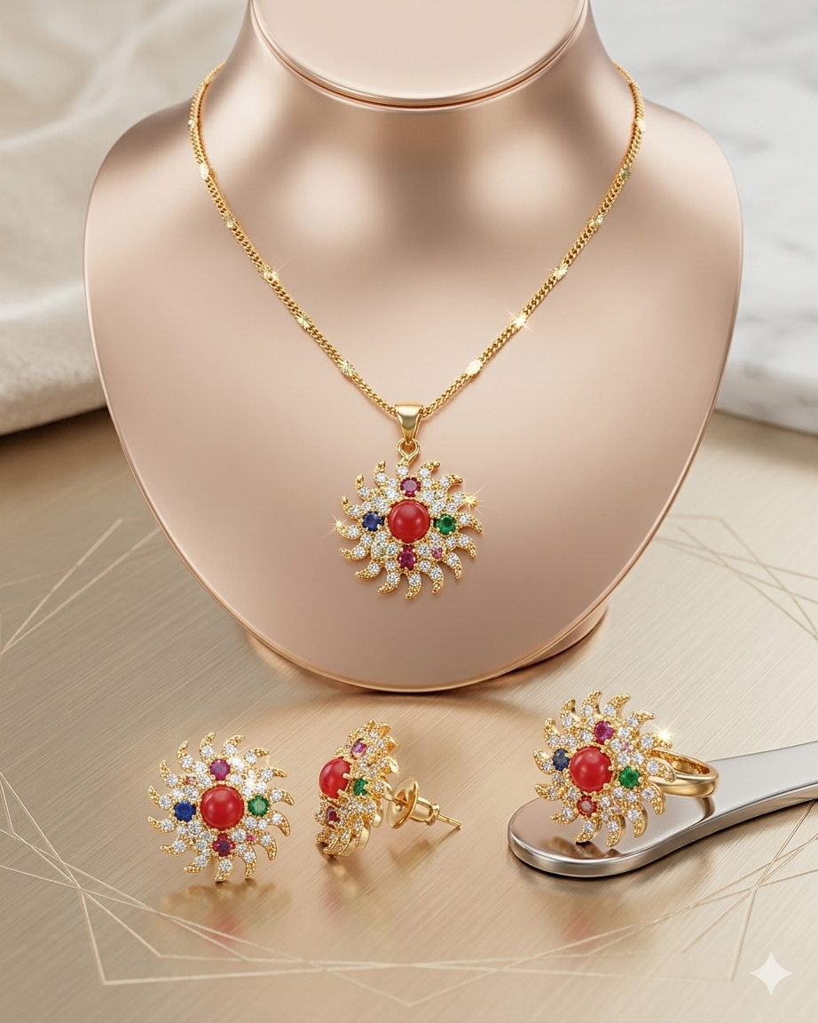 Gold-Plated Navaratna Pendant Chain Set with Traditional Sun-Shaped Design & Nine Auspicious Gems