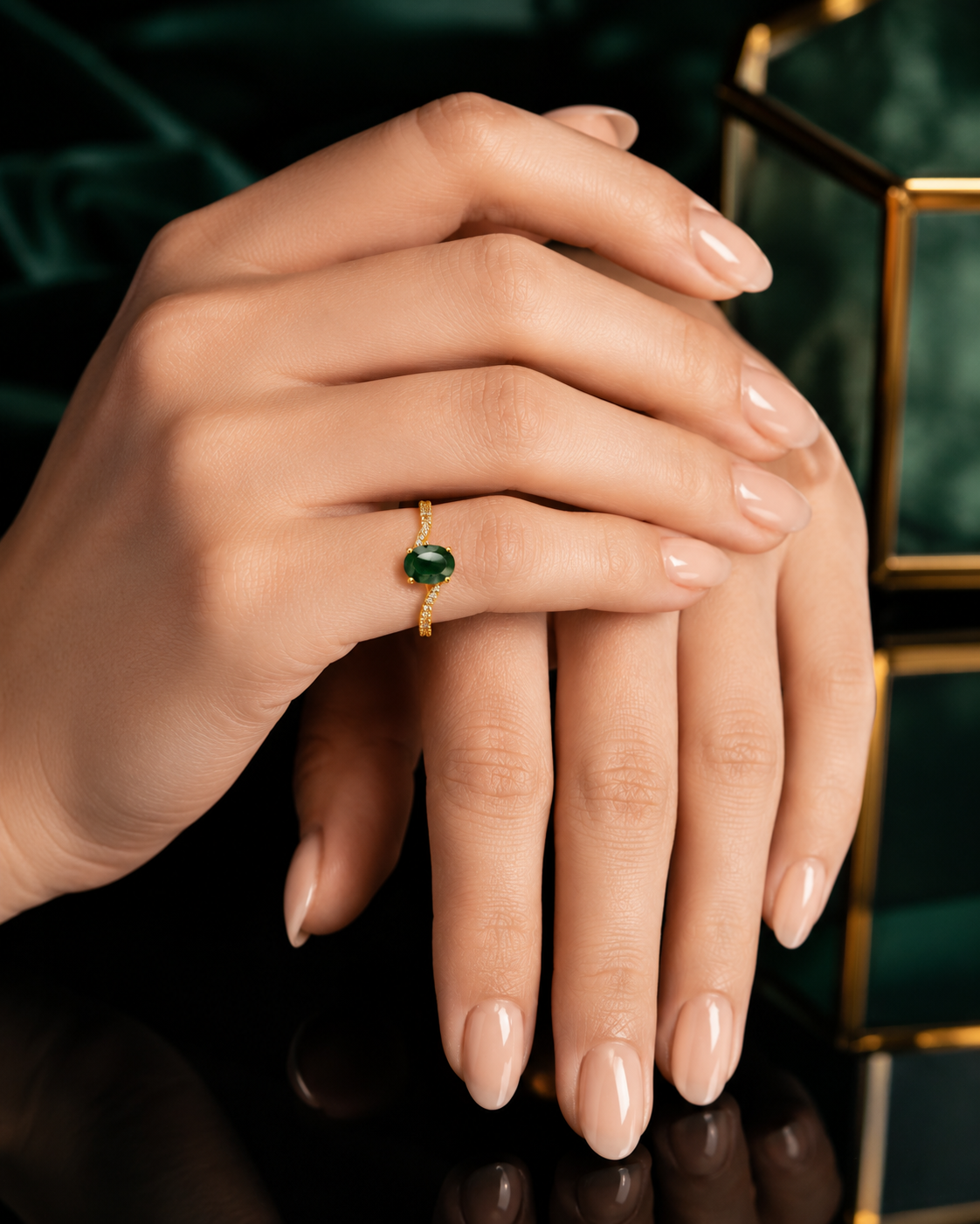 Oval Emerald Solitaire Ring in Gold with Side Diamonds