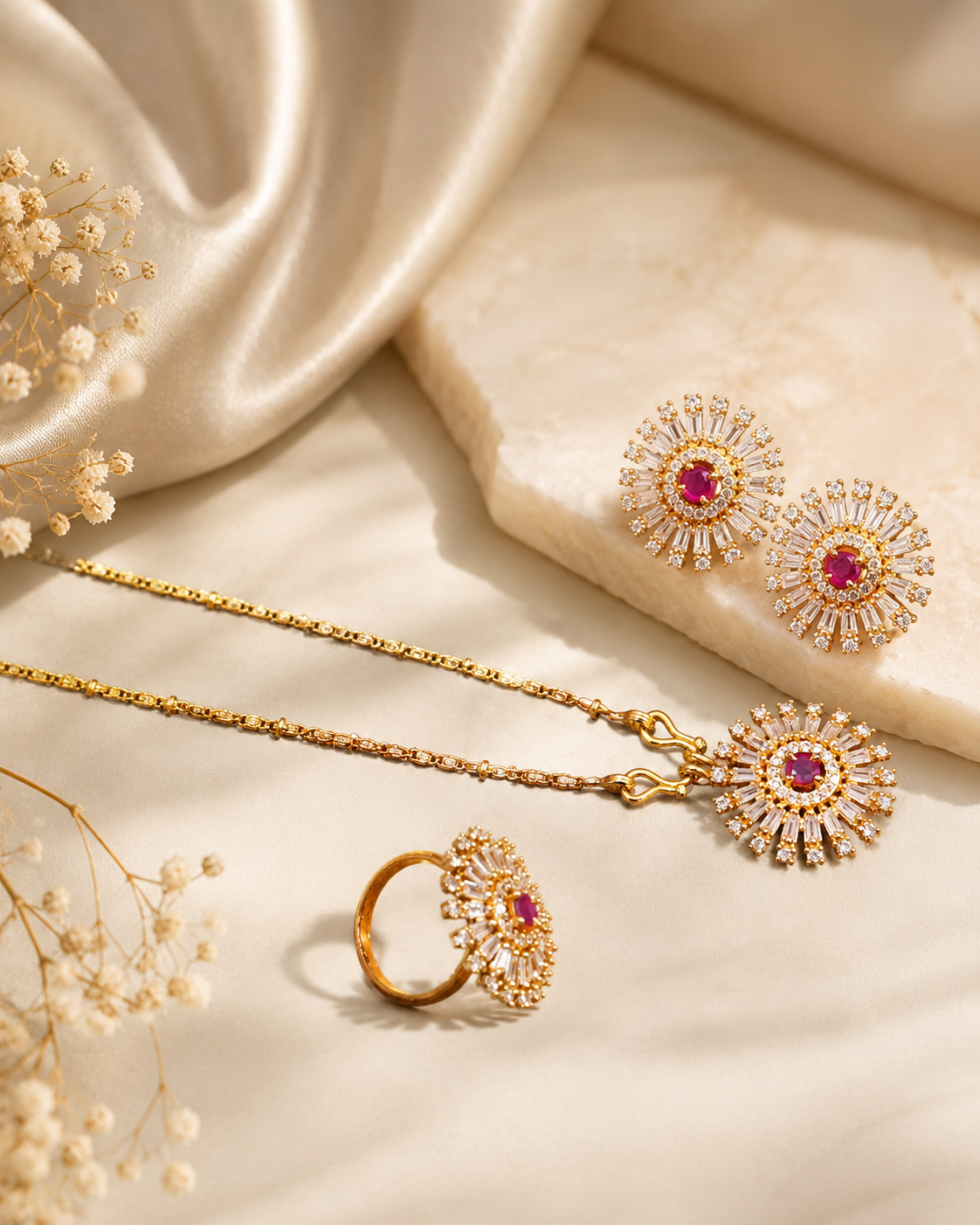 Gold-Plated Sun-Shaped Jewelry Set with Red Gem & White Stone Accents