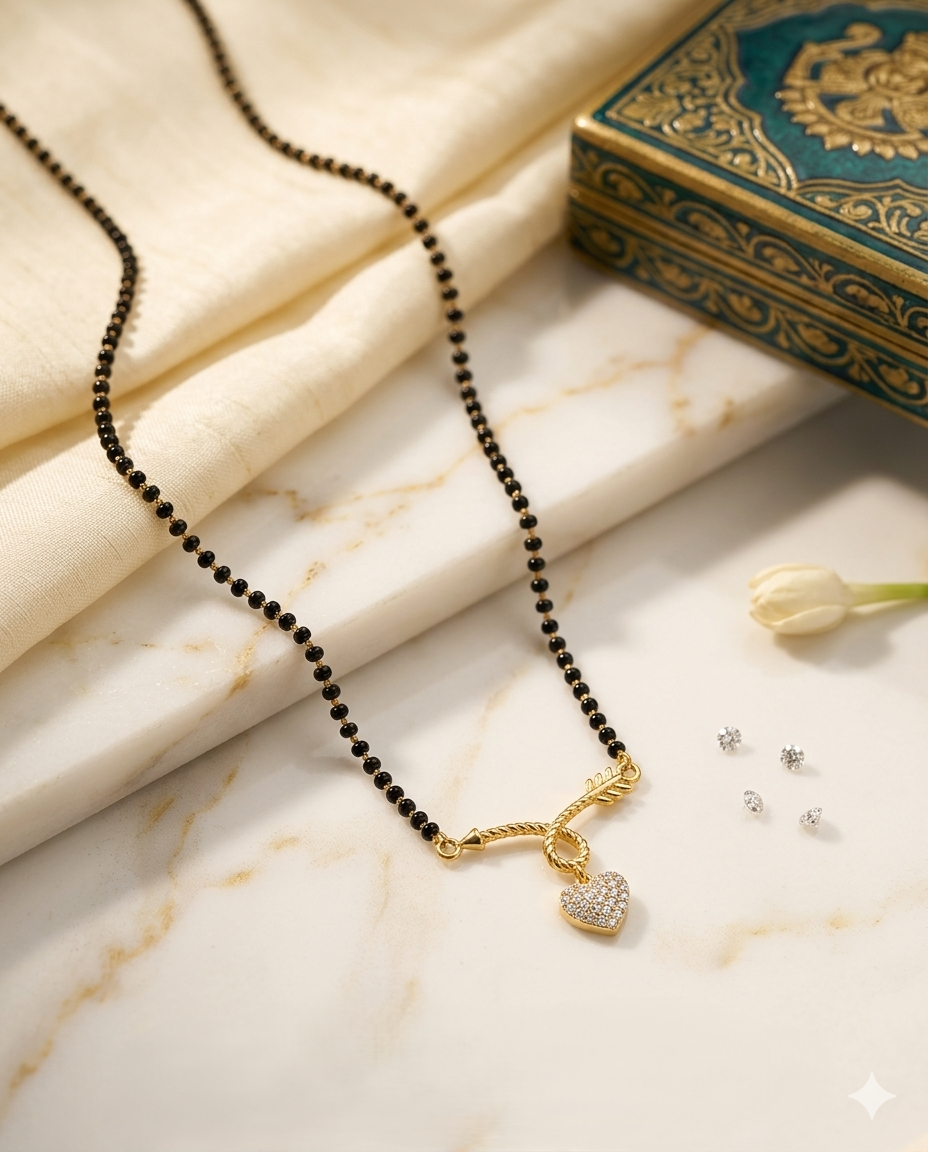 Gold-Plated Heart Mangalsutra with Arrow Design & White CZ Stones