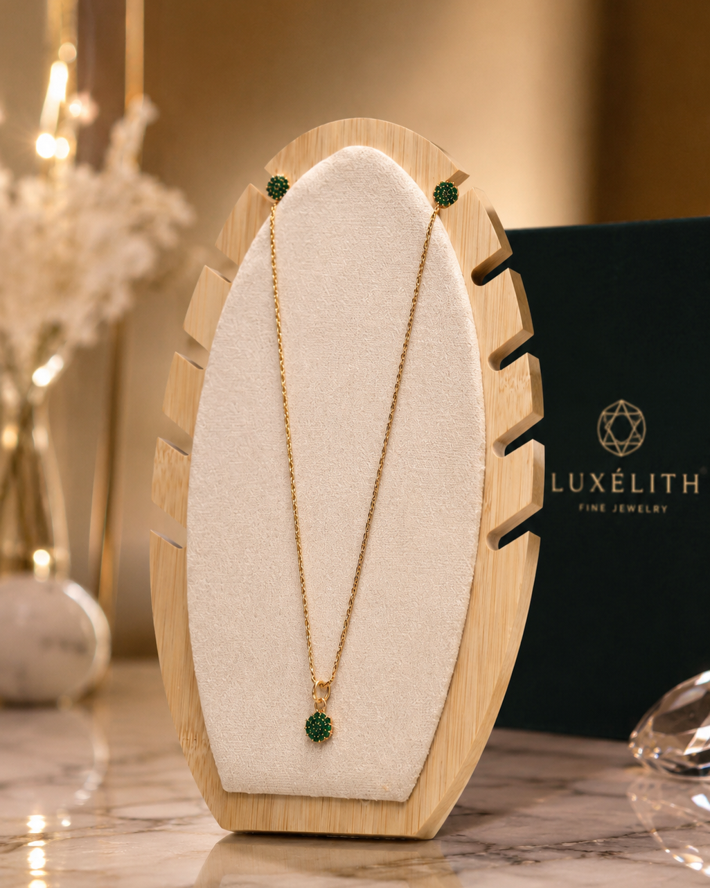 Gold-Toned Jewelry Set with Green Pavé Stones | Necklace and Matching Earrings