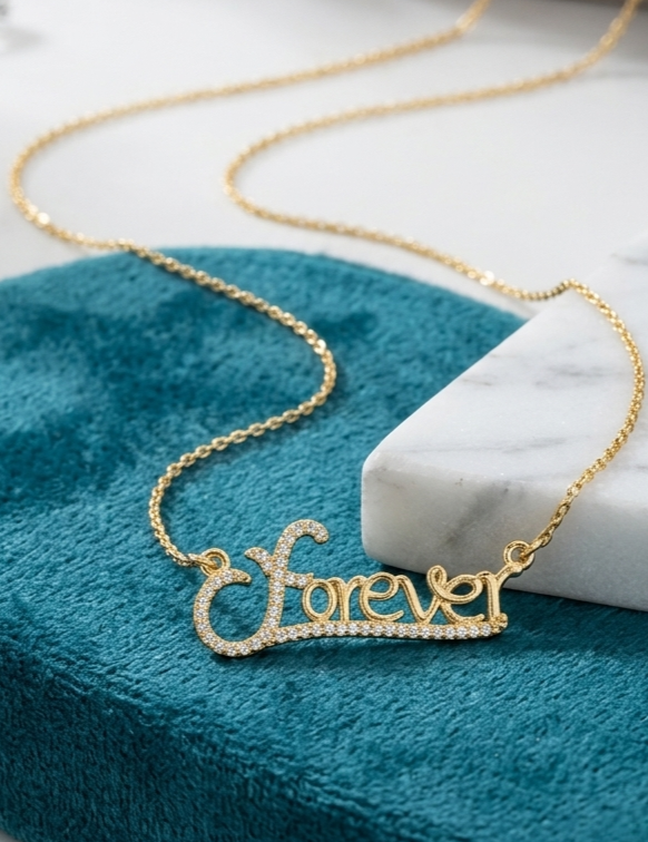 Gold "Forever" Script Necklace with Diamond Pendant