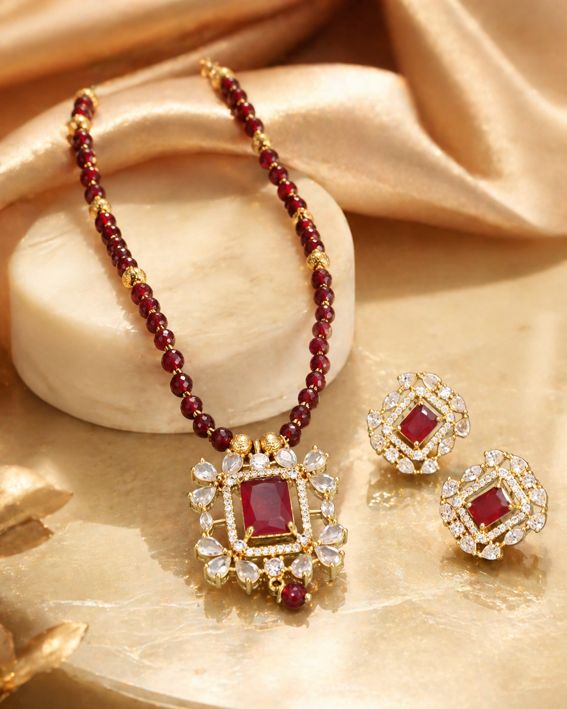 Gold-Plated Jewelry Set with Red Stone & Cubic Zirconia Square Pendant for Women